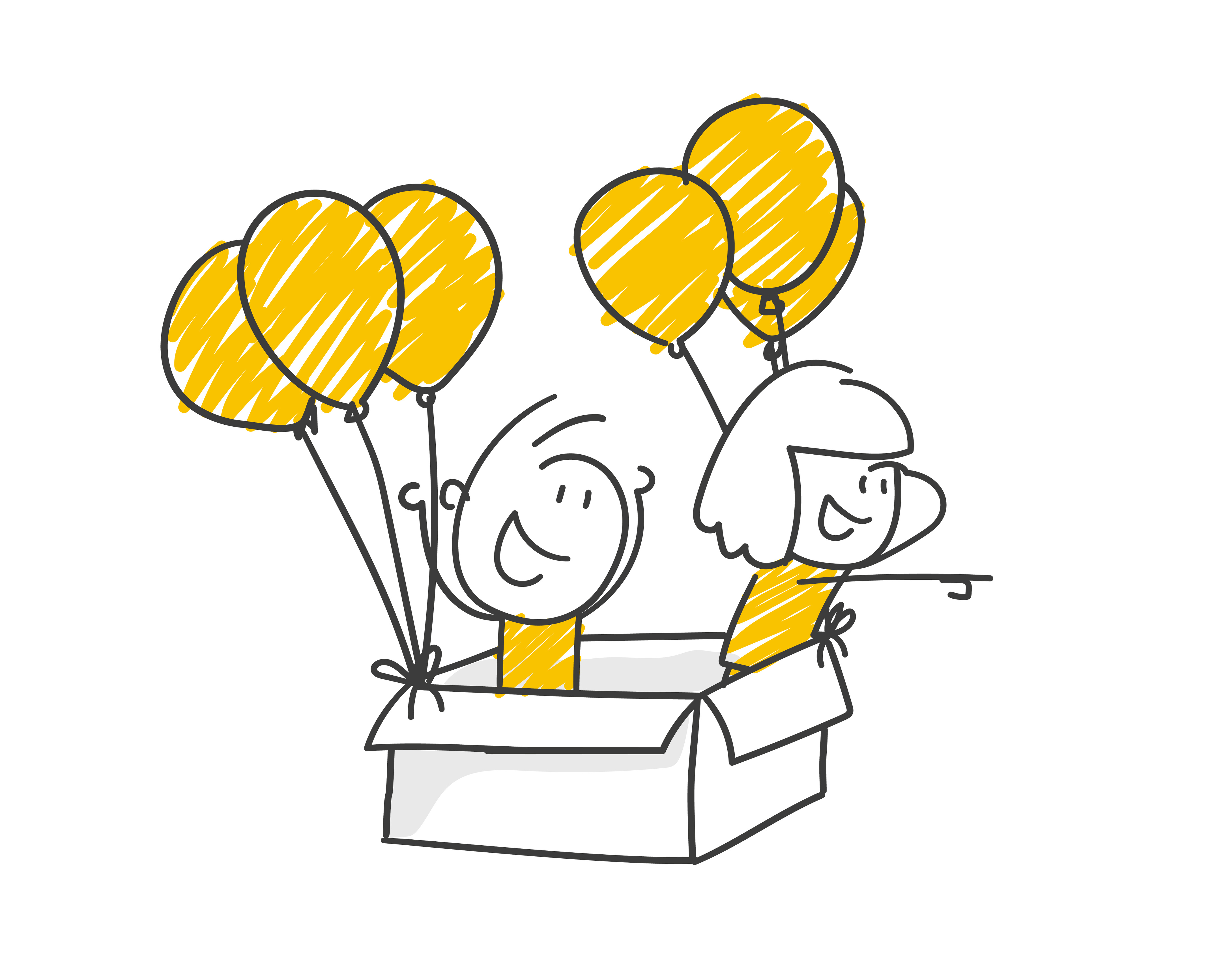 Eine Kartoon mit zwei Strichmännchen in einem Karton und Luftballons